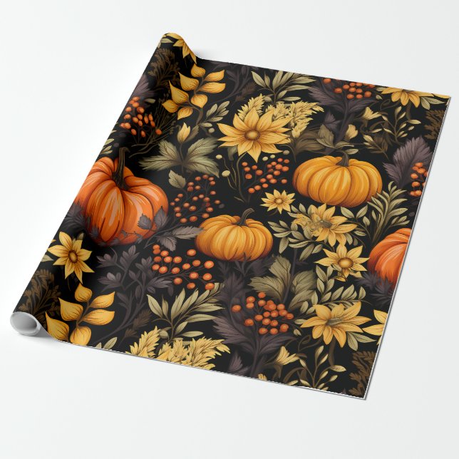 Autumn with sunflowers, pumpkins, and boho Florals Wrapping Paper (Unrolled)