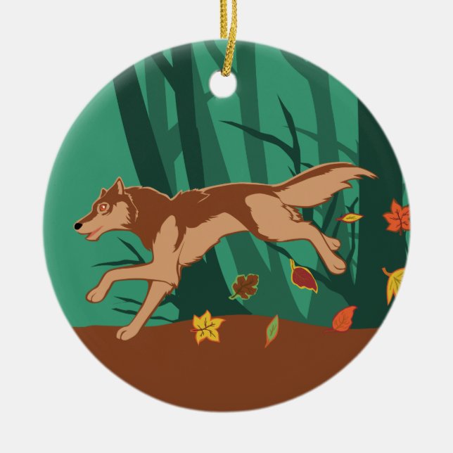 Autumn Wolf Ceramic Ornament (Front)