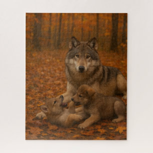 Autumn Wolf Family Playful Pups in the Fall Forest Jigsaw Puzzle