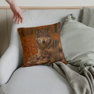 Autumn Wolf Family Playful Pups in the Fall Forest Throw Pillow