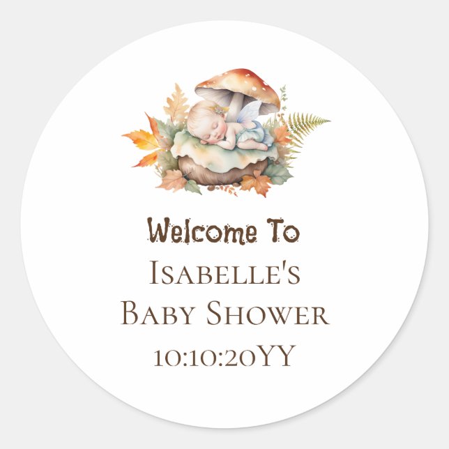 Autumn Woodland Fairy Baby Shower Classic Round Sticker (Front)