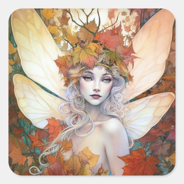 Autumn Woodland Fairy Fantasy Art Square Sticker (Front)