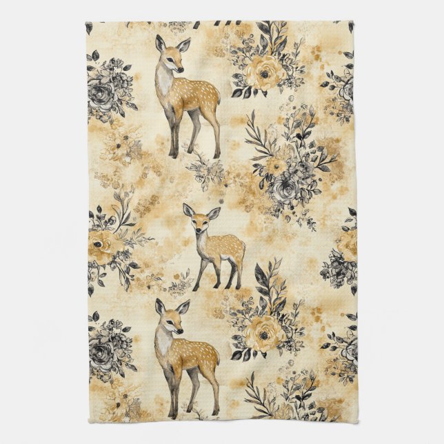 Autumn Woodland Fawn Pattern Kitchen Towel (Vertical)