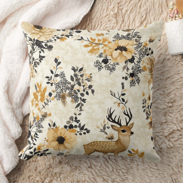 Autumn Woodland Fawn Pattern Throw Pillow (Blanket)