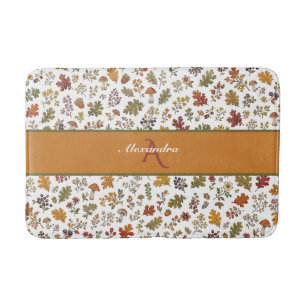 Autumn Woodland Floral Leaf Mushroom Custom Name Bath Mat