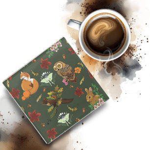Autumn Woodland Forest Animals Green Pattern Glass Coaster