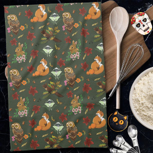 Autumn Woodland Forest Animals Green Pattern Kitchen Towel