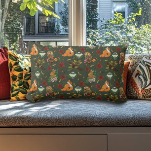 Autumn Woodland Forest Animals Green Pattern Lumbar Pillow