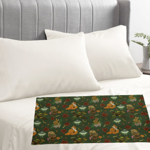 Autumn Woodland Forest Animals Green Pattern Pillowcase