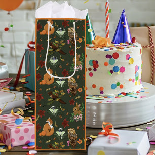 Autumn Woodland Forest Animals Green Pattern  Wine Gift Bag