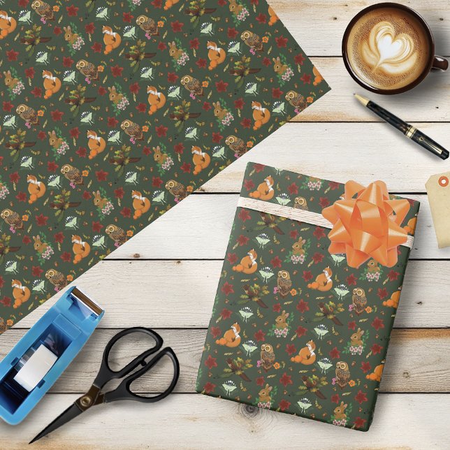 Autumn woodland Forest Animals Green Pattern Wrapping Paper (Creator Uploaded)