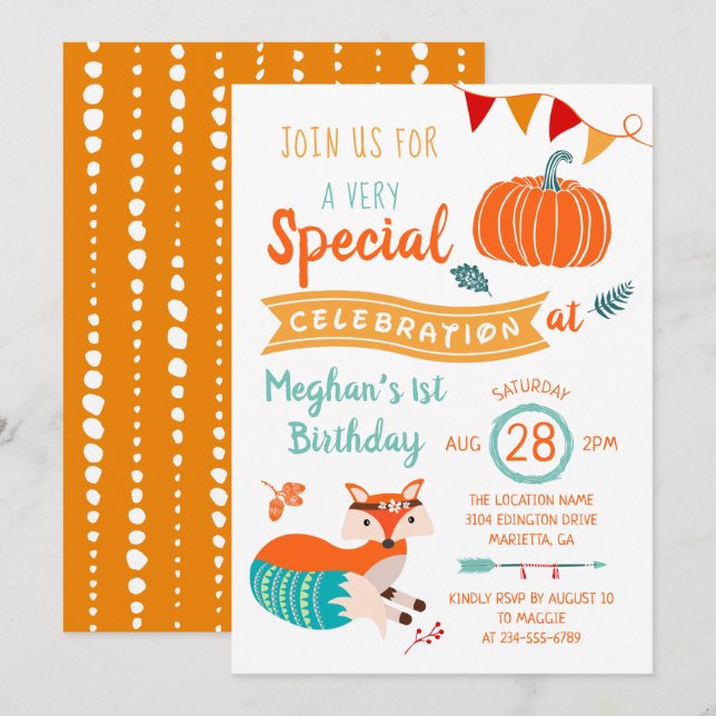 Autumn Woodland Fox Pumpkin Birthday Invitation (Front/Back)