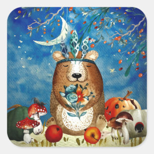 Autumn Woodland Friends Bear Forest Illustration Square Sticker