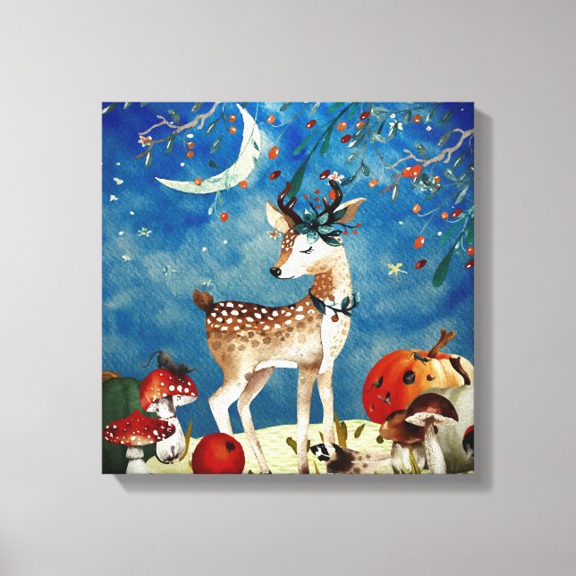 Autumn Woodland Friends Deer Forest Illustration Canvas Print (Front)