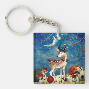 Autumn Woodland Friends Deer Forest Illustration Keychain