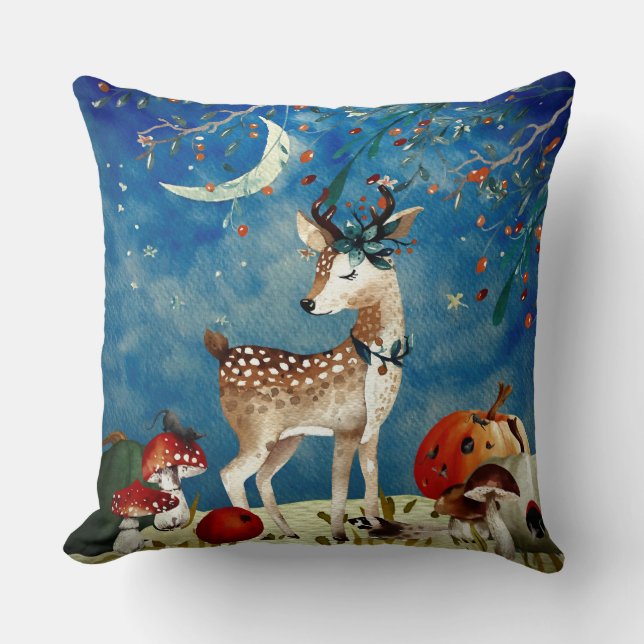 Autumn Woodland Friends Deer Forest Illustration Throw Pillow (Front)