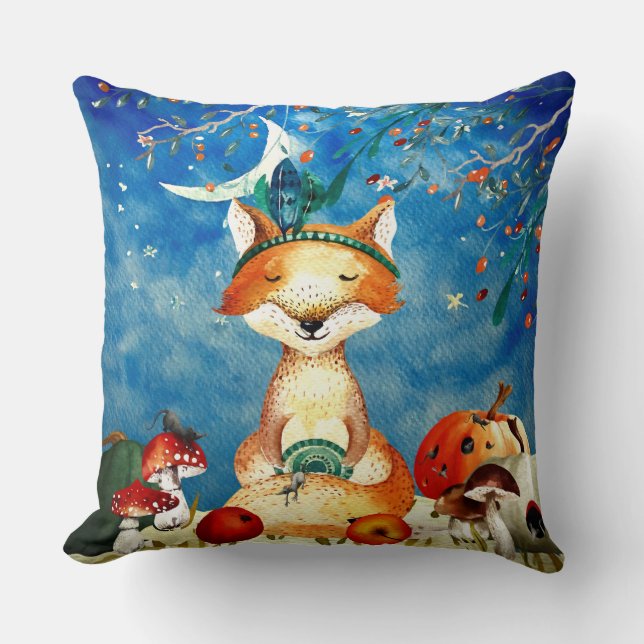 Autumn Woodland Friends Fox Forest Illustration Throw Pillow (Front)