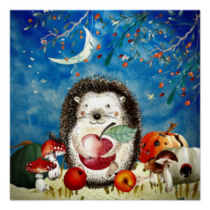 Autumn Woodland Friends Hedgehog Forest Drawing Poster
