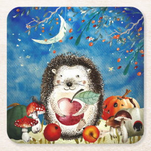 Autumn Woodland Friends Hedgehog Forest Drawing Square Paper Coaster
