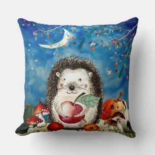 Autumn Woodland Friends Hedgehog Forest Drawing Throw Pillow