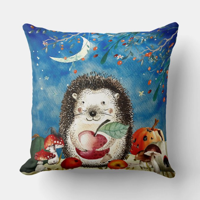 Autumn Woodland Friends Hedgehog Forest Drawing Throw Pillow (Front)