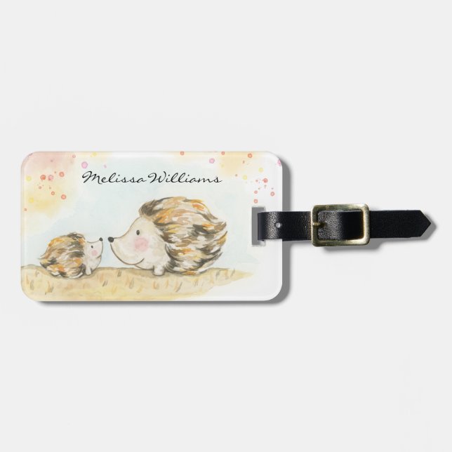 Autumn woodland hedgehog watercolour luggage tag (Front Horizontal)
