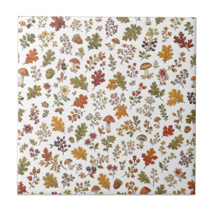 Autumn Woodland Leaves Mushroom Flower Pattern Tile