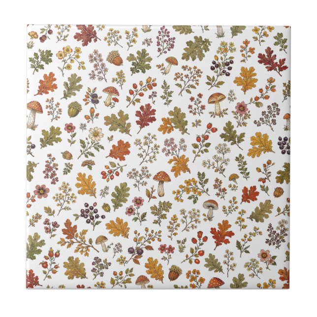 Autumn Woodland Leaves Mushroom Flower Pattern Tile (Front)