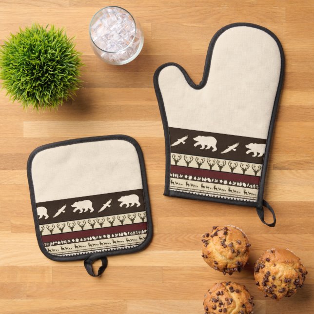 Autumn woods kitchen towel oven mitt & pot holder set (Top Down)