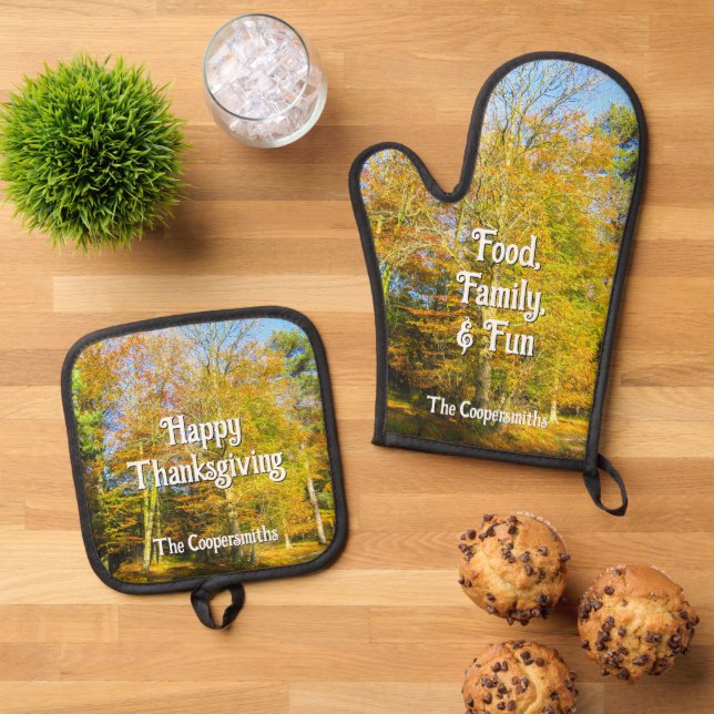 Autumn Woods & Sunshine - Personalized Oven Mitt & Pot Holder Set (Top Down)