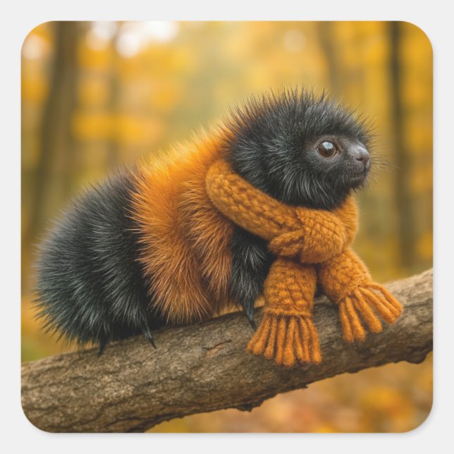 Autumn Woolly Bear Caterpillar Wearing a Scarf Square Sticker (Front)