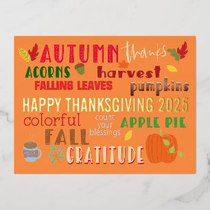 Autumn WordArt Happy Thanksgiving 2025 Glam Real Foil Holiday Postcard