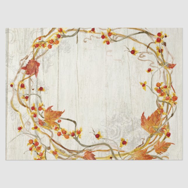Autumn Wreath Fall Leaves Rustic Barn Wood Tissue Paper (Front)
