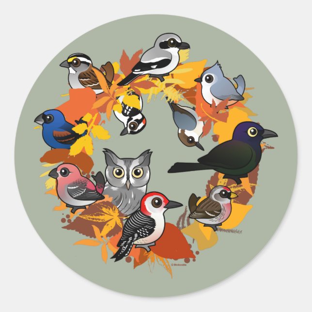 Autumn Wreath of North American Birds Classic Round Sticker (Front)