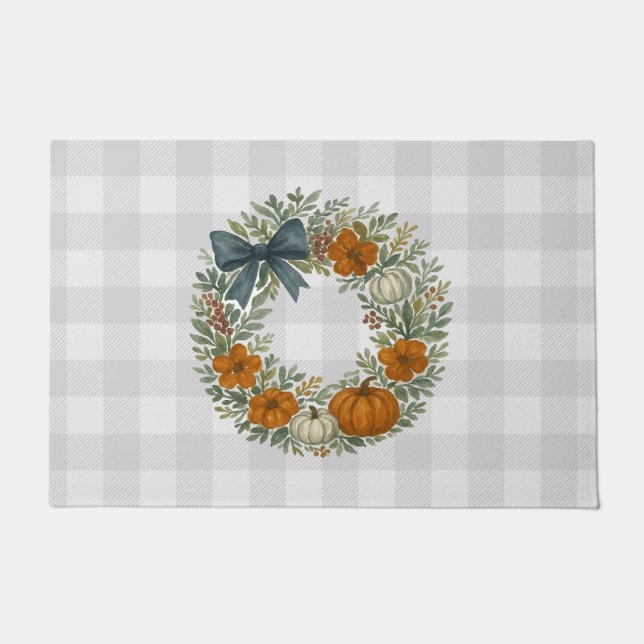 Autumn Wreath Painting Buffalo Check Pattern Grey Doormat (Front)