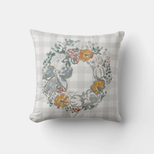 Autumn Wreath Painting Grey Check Pattern Throw Pillow