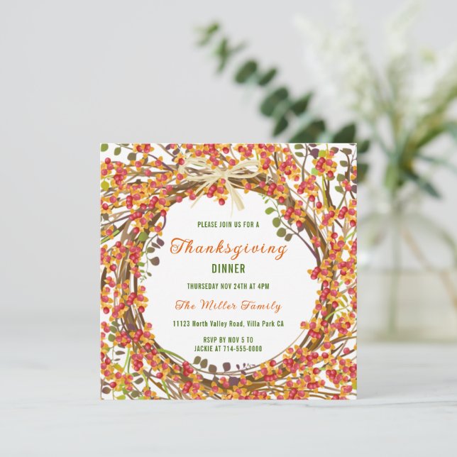 Autumn Wreath Thanksgiving Dinner Invitation (Standing Front)