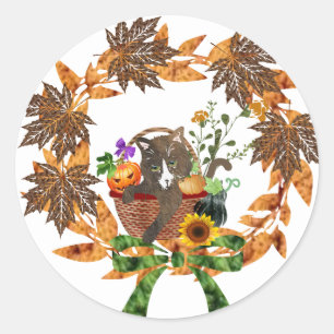 Autumn Wreath with Kitty in a basket Classic Round Sticker