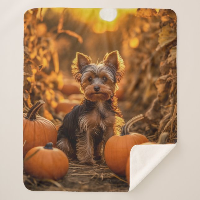 Autumn Yorkie Pup Sherpa Blanket (Front)