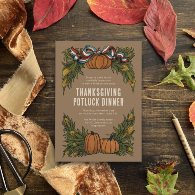 Autumnal Americana Harvest Thanksgiving Invitation (brown thanksgiving dinner invitation with Americana red white and blue ribbon bow pumpkins and corn)