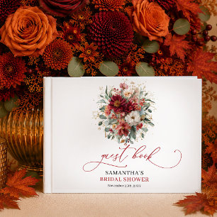 Autumnal Burgundy Gold Floral terracotta bridal  Guest Book