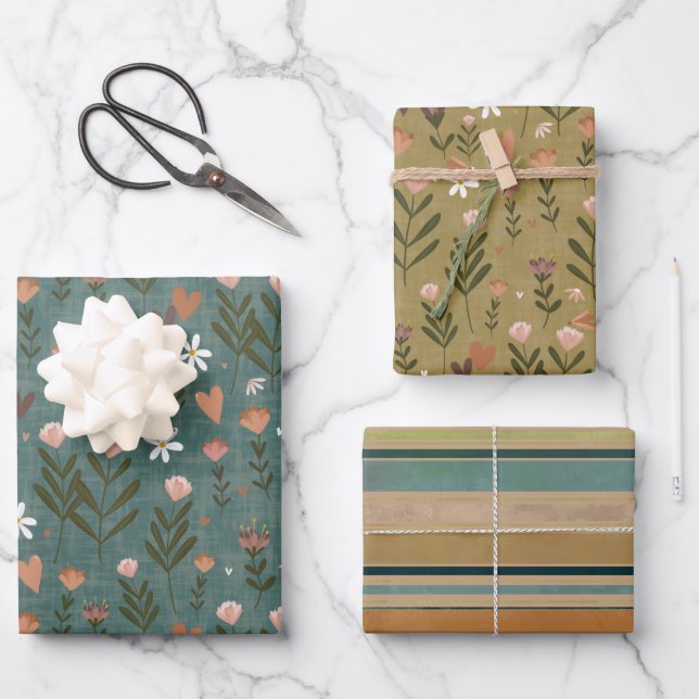 Autumnal Floral & Striped Gift Wrap (Front)