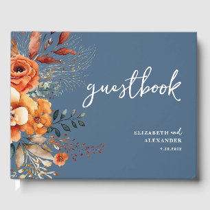 Autumnal floral warm tones botanical blue wedding  guest book
