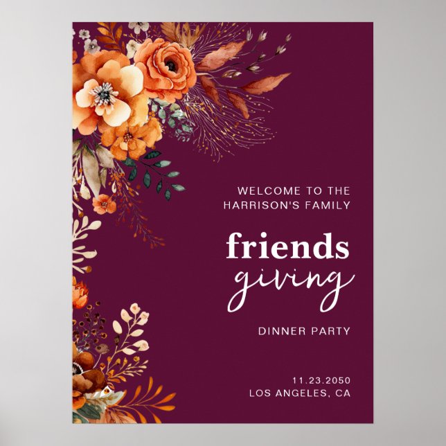 Autumnal flowers thanksgiving elegant burgundy poster (Front)