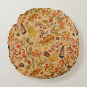Autumnal forest on ochre round pillow