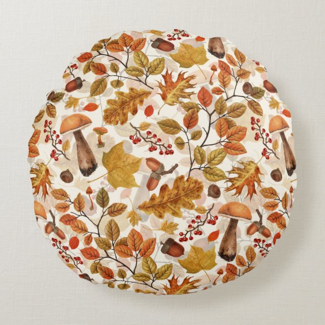 Autumnal forest on off white round pillow (Front)
