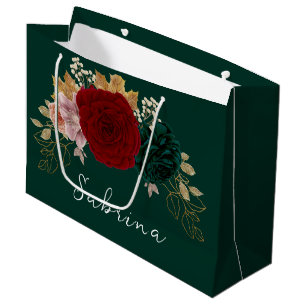 Autumnal Gold Burgundy Emerald Greeney Floral  Large Gift Bag