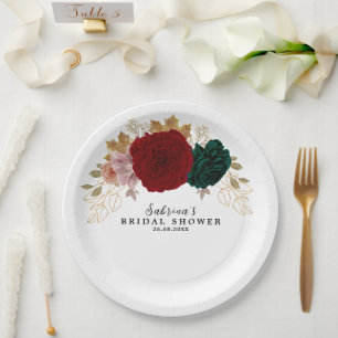 Autumnal Gold Burgundy Emerald Greeny Floral  Paper Plate