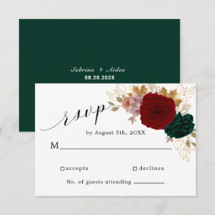 Autumnal Gold Burgundy Emerald Greeny Floral RSVP Card