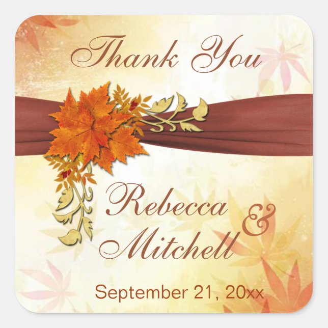 Autumnal leaves Wedding Thank You Square Sticker (Front)